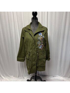 Mark Utility Jacket Womens Medium Olive Floral Embroidered Anorak Cotton Coat